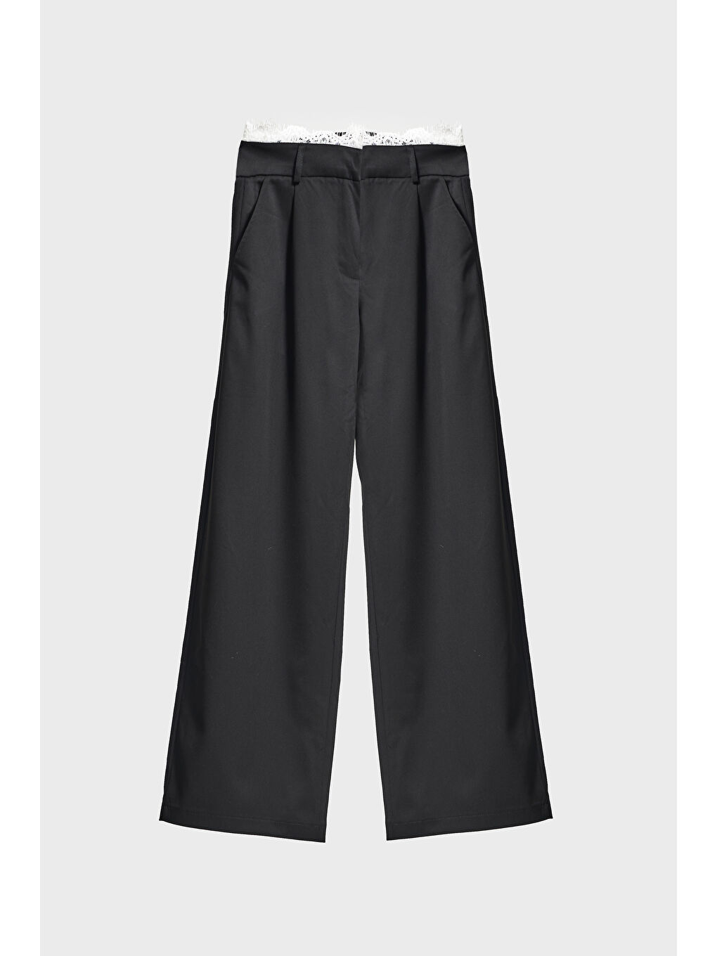 Kadın Siyah Renk w5-1 Palazzo Fit Kemeri Dantel Detaylı Tasarım Pantolon-2