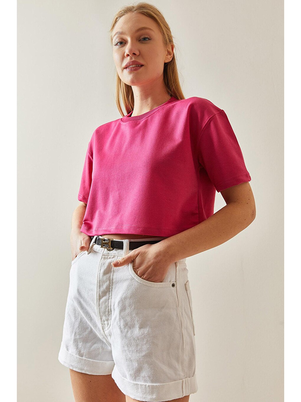 Fuşya Bisiklet Yaka Oversize Crop Tişört 4KXK1-47899-07-1