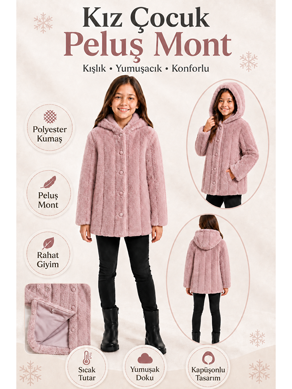 Pembe Kız Çocuk Kışlık Kapüşonlu Düğmeli Astarlı Dikey Çizgili Pelüş Mont Ak4510-1