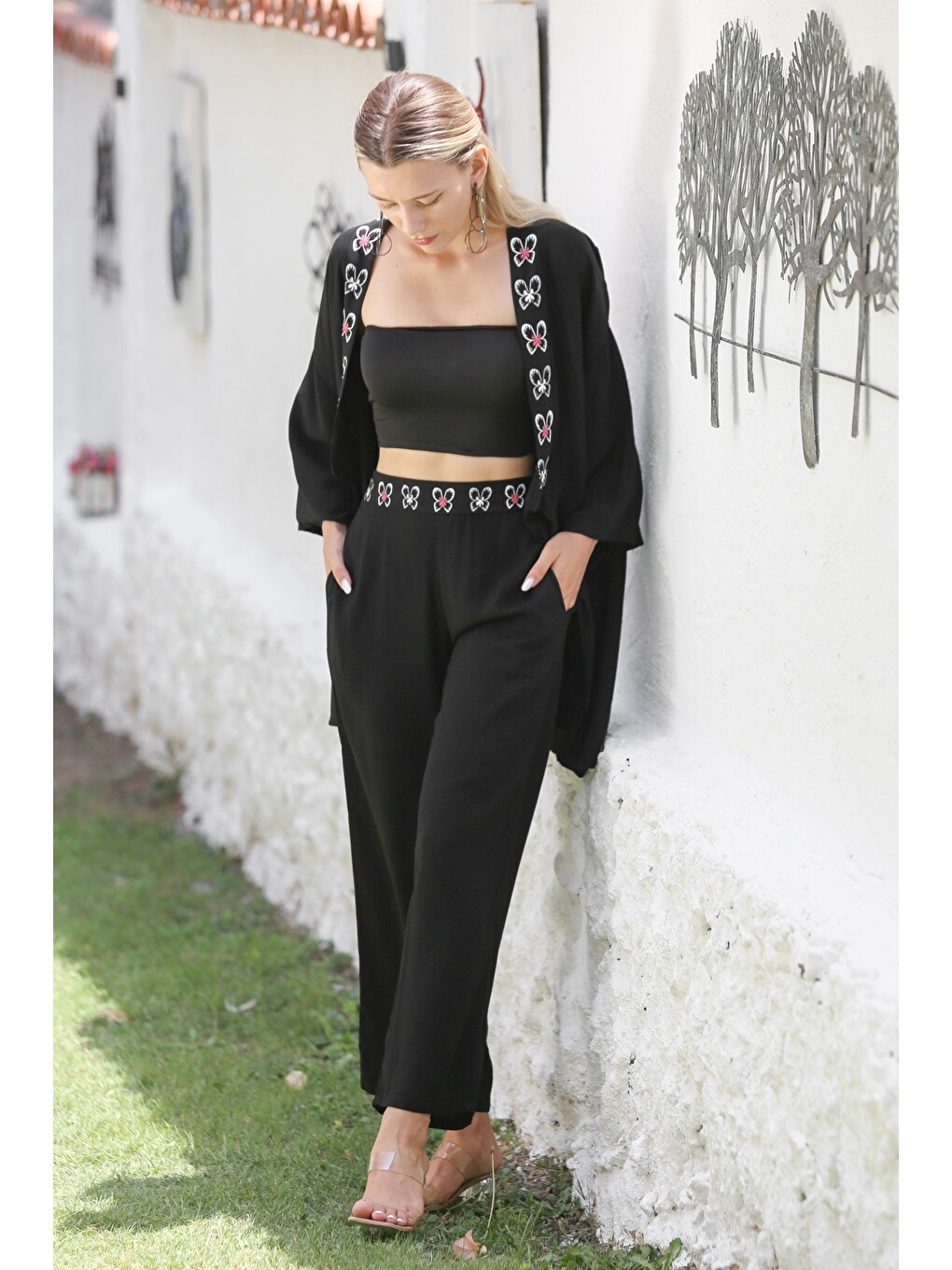 Siyah-Pembe Kimono Yaka 3/4 Kol Cepli Nakışlı Dokuma Lastikli Bel Geniş Paça Casual Alt Üst Takım-3