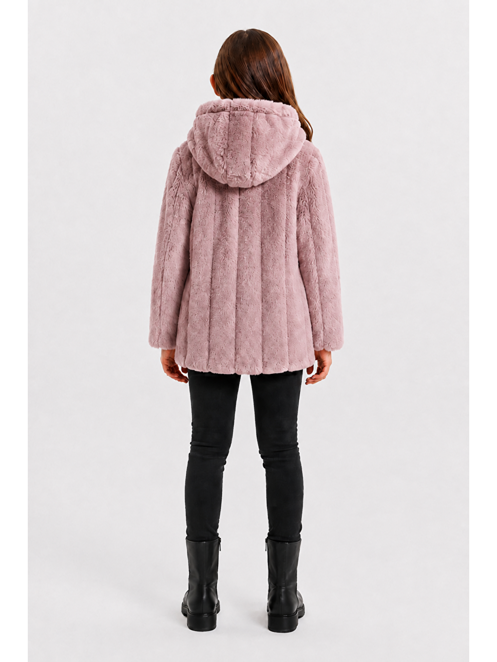 Pembe Kız Çocuk Kışlık Kapüşonlu Düğmeli Astarlı Dikey Çizgili Pelüş Mont Ak4510-2