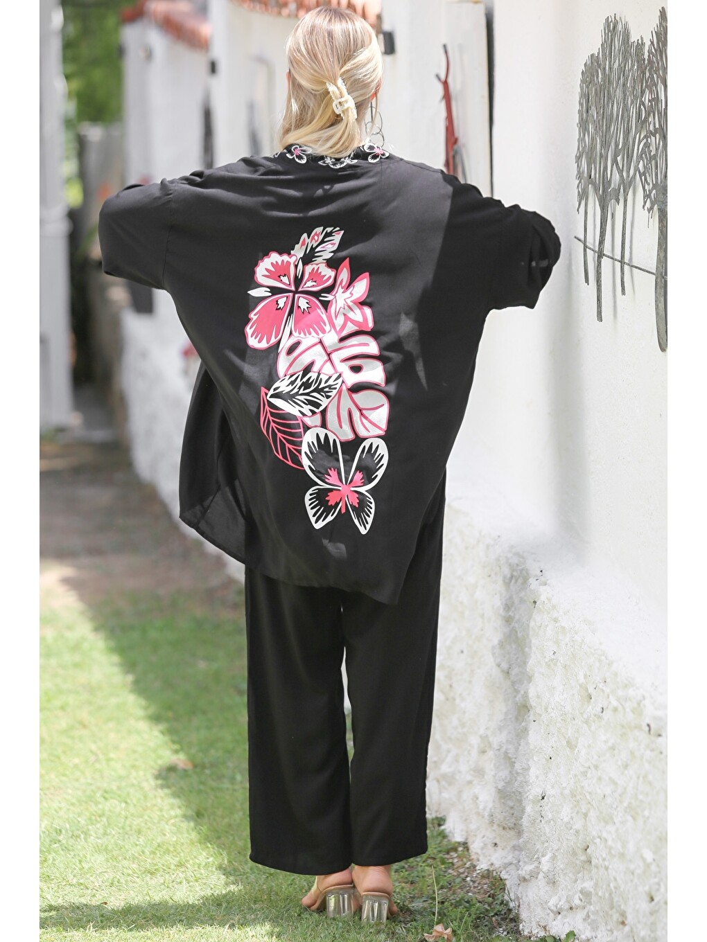 Siyah-Pembe Kimono Yaka 3/4 Kol Cepli Nakışlı Dokuma Lastikli Bel Geniş Paça Casual Alt Üst Takım-5