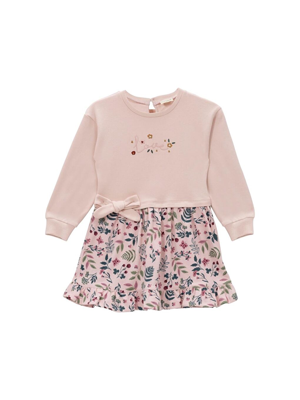 Kız Bebek Çiçek Desenli Garnili Elbise - Pembe