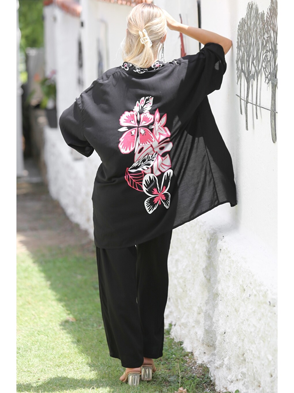 Siyah-Pembe Kimono Yaka 3/4 Kol Cepli Nakışlı Dokuma Lastikli Bel Geniş Paça Casual Alt Üst Takım-6