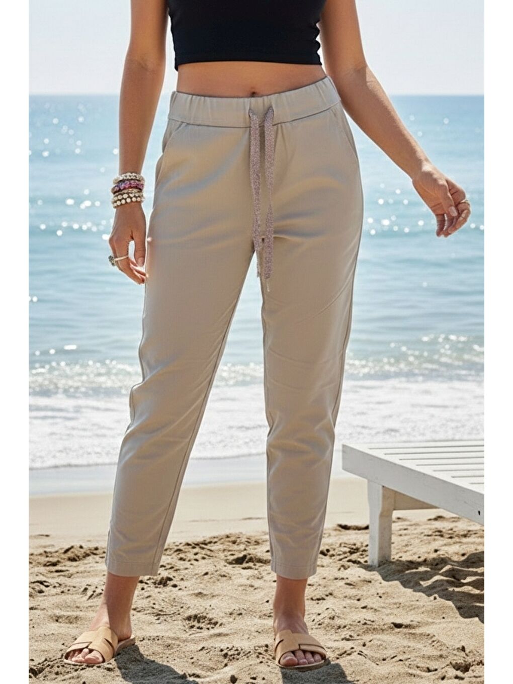 Bej Cepli Yıkamalı Lastikli Ve Bağlamalı Bel Dar Paça Casual Dokuma Pantolon 99 60