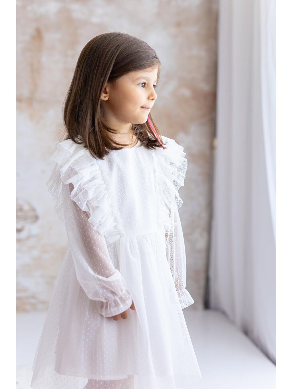 MİNİNİO Kız Bebek Puantiyeli Tül Elbise - Ekru - 2