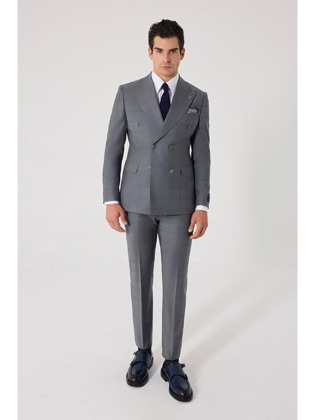 Gri Erkek Açık Antrasit Slim Fit Ekose Kruvaze Yaka Yün Karışımlı Takım Elbise