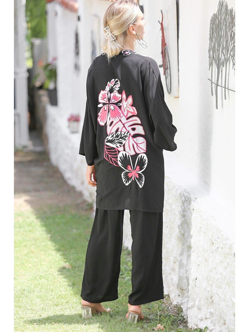 Siyah-Pembe Kimono Yaka 3/4 Kol Cepli Nakışlı Dokuma Lastikli Bel Geniş Paça Casual Alt Üst Takım-7