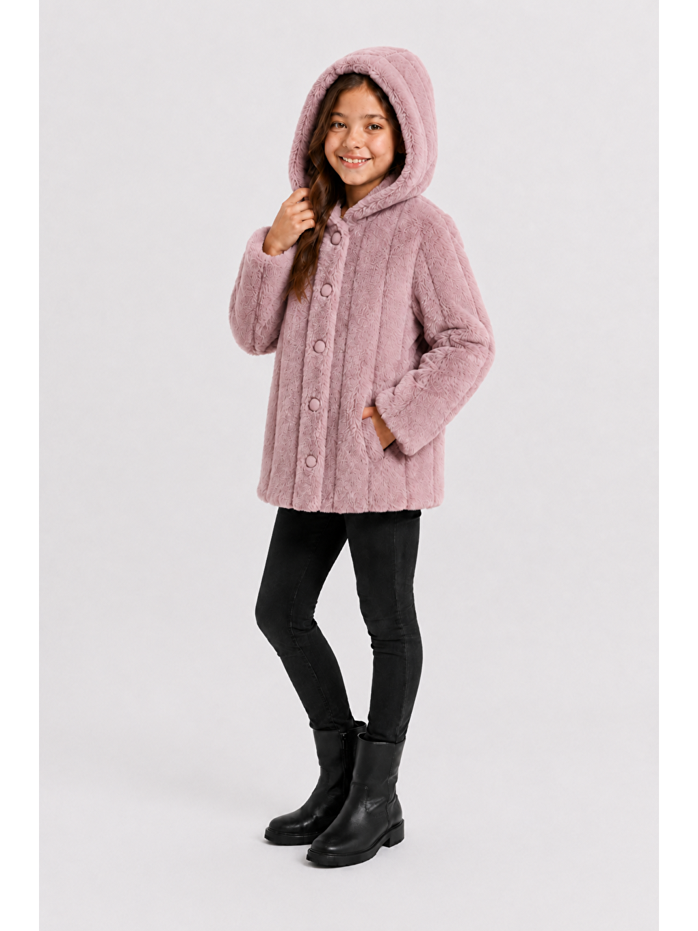 Pembe Kız Çocuk Kışlık Kapüşonlu Düğmeli Astarlı Dikey Çizgili Pelüş Mont Ak4510-3
