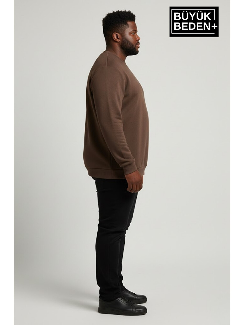 Kahverengi Erkek Büyük Beden Bisiklet Yaka Kollar Ve Etek Ribanalı İnce Sweatshirt Spr26bsw956-2