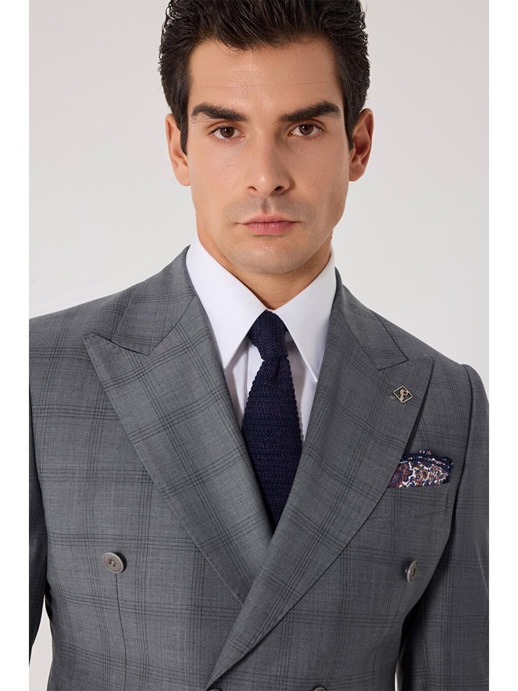 Gri Erkek Açık Antrasit Slim Fit Ekose Kruvaze Yaka Yün Karışımlı Takım Elbise-1