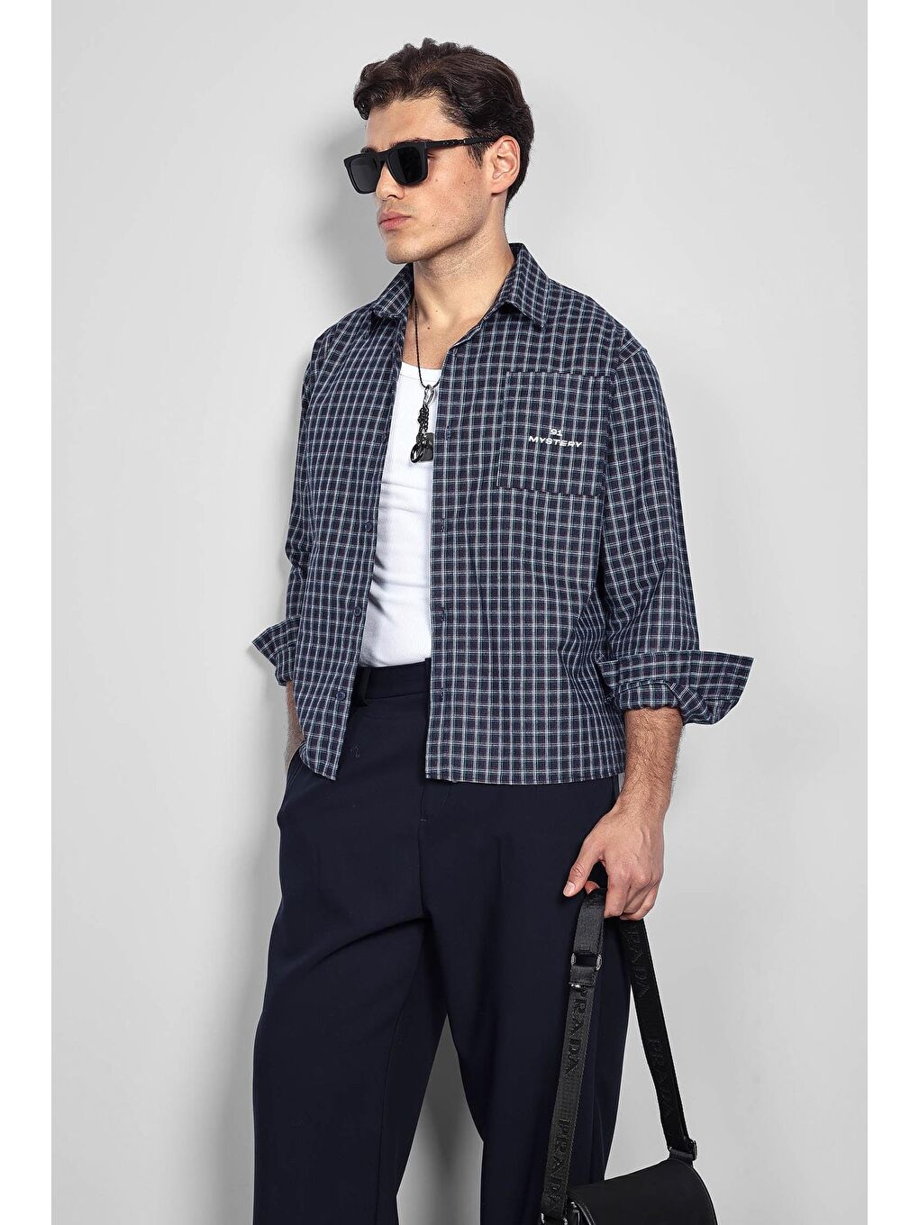 Erkek Boxy Fit Oversize Ekose Uzun Kollu Gömlek Lacivert-1