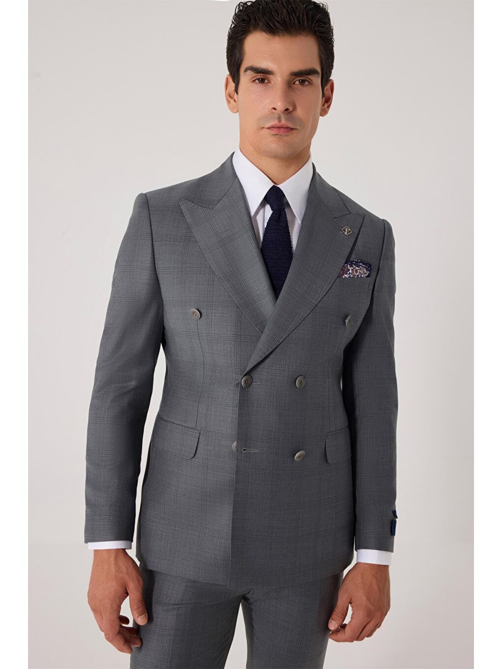 Gri Erkek Açık Antrasit Slim Fit Ekose Kruvaze Yaka Yün Karışımlı Takım Elbise-2