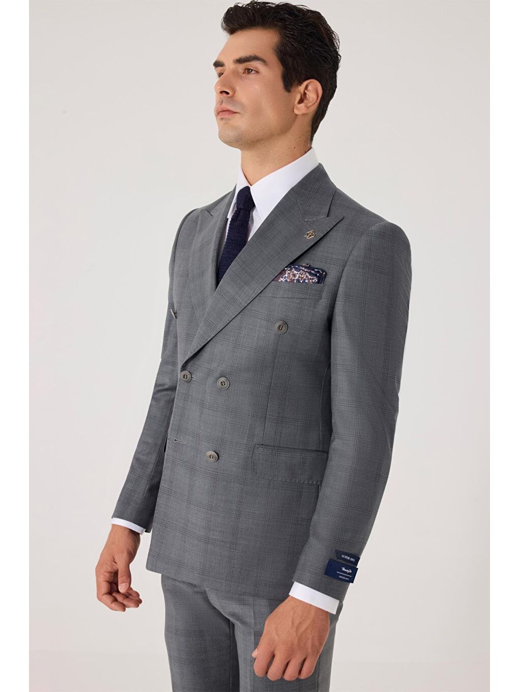 Gri Erkek Açık Antrasit Slim Fit Ekose Kruvaze Yaka Yün Karışımlı Takım Elbise-3