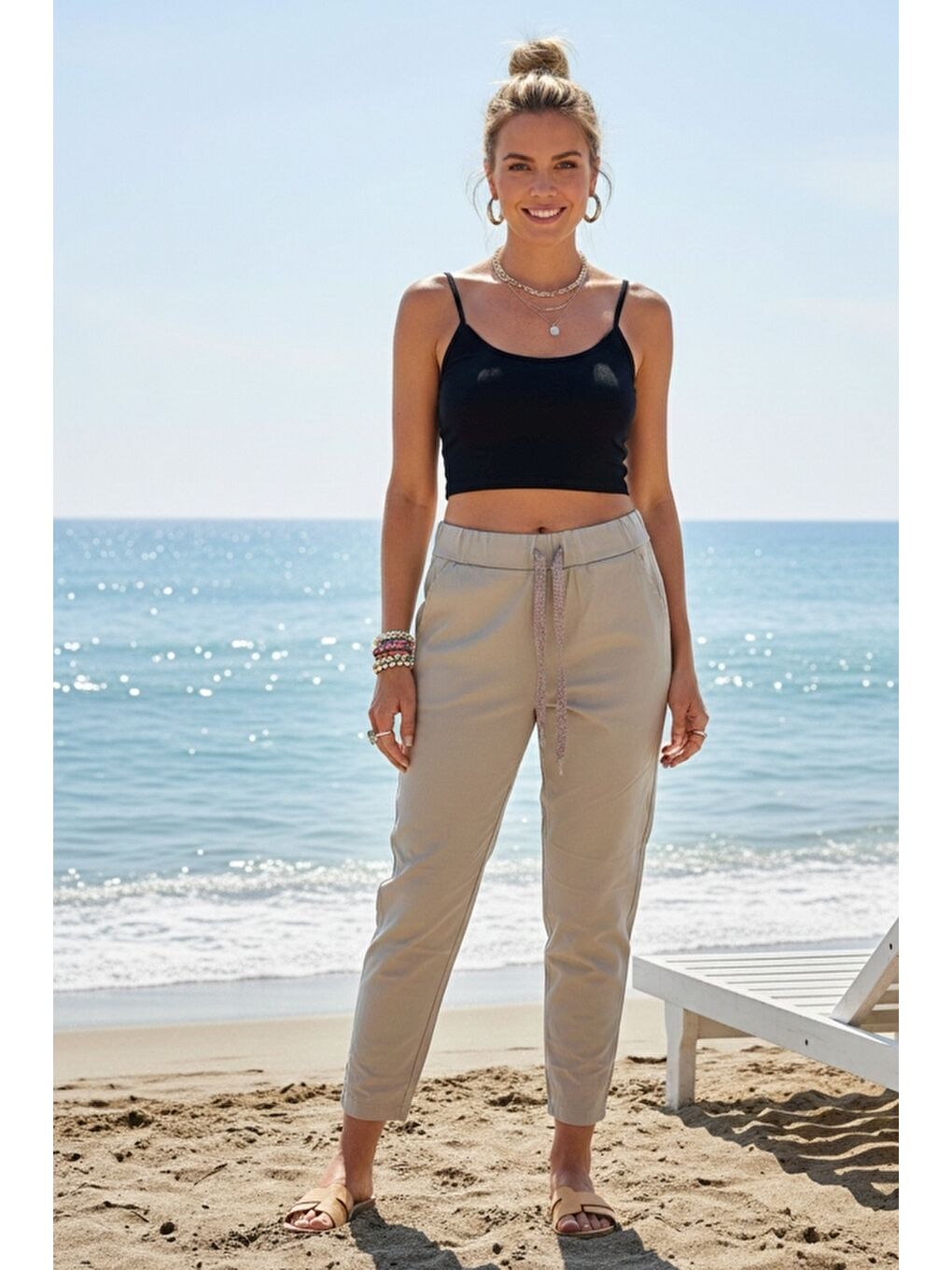 Bej Cepli Yıkamalı Lastikli Ve Bağlamalı Bel Dar Paça Casual Dokuma Pantolon 99 60-2