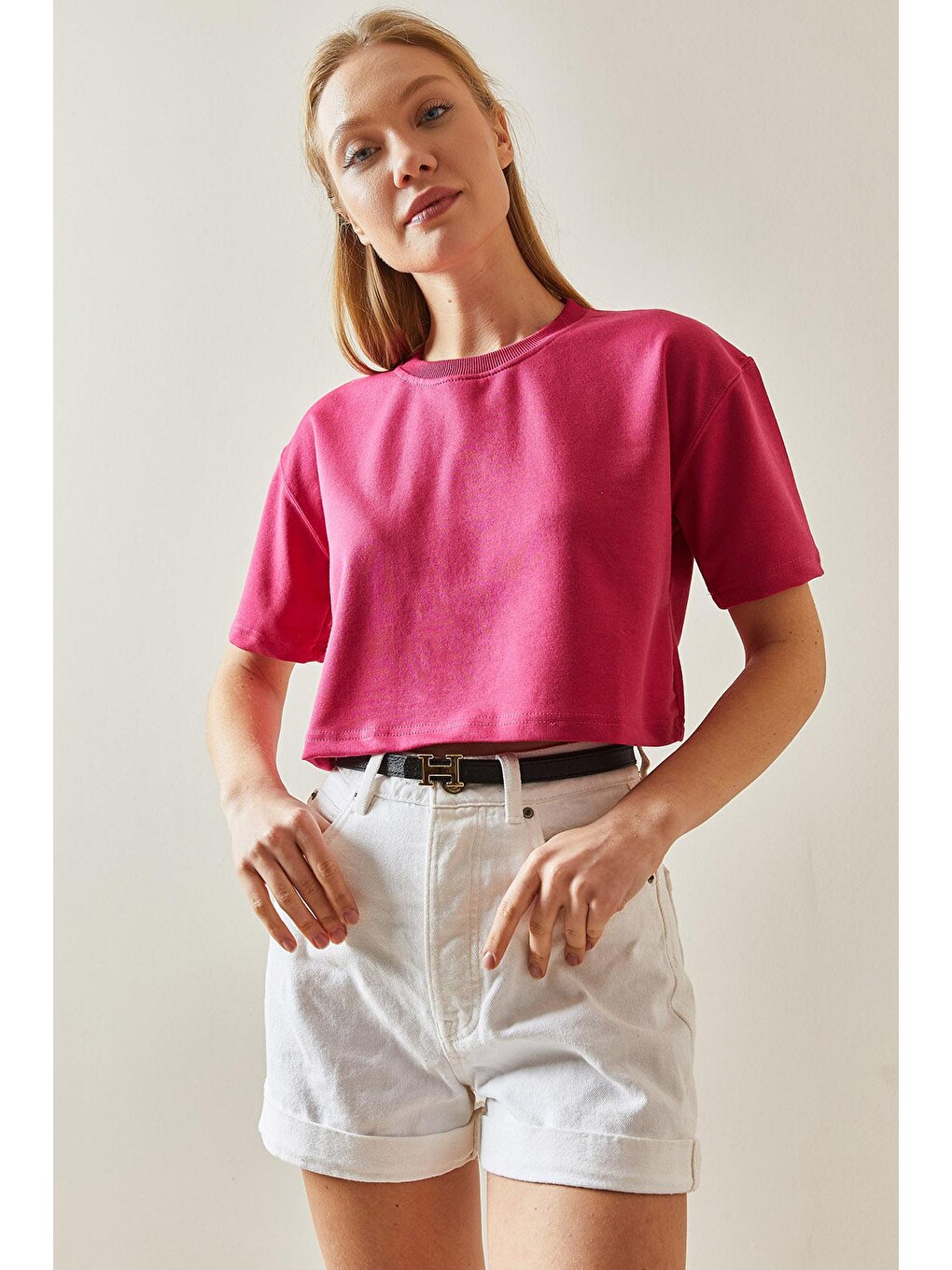 Fuşya Bisiklet Yaka Oversize Crop Tişört 4KXK1-47899-07-2