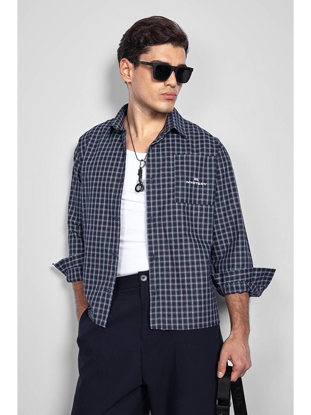 Erkek Boxy Fit Oversize Ekose Uzun Kollu Gömlek Lacivert-2