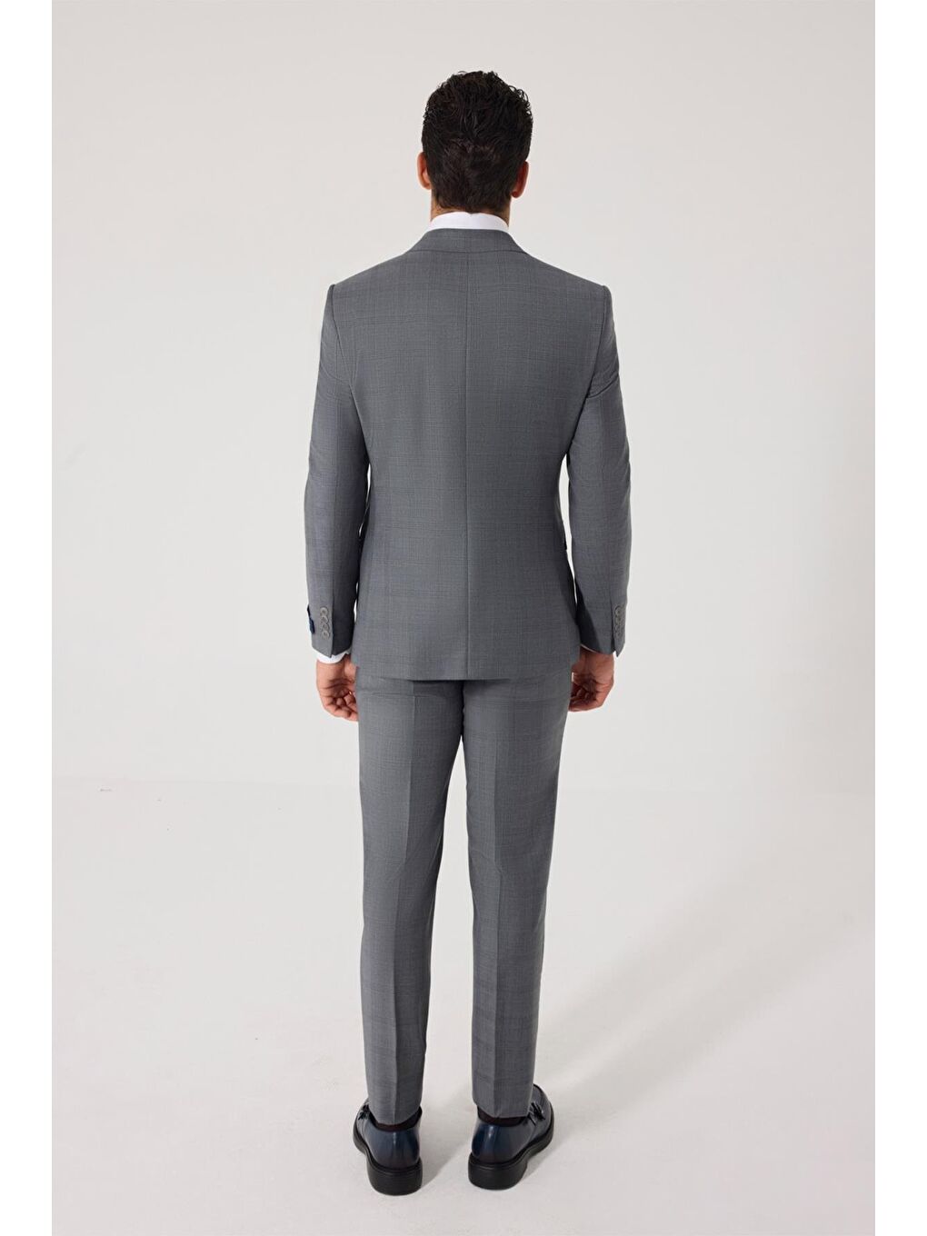 Gri Erkek Açık Antrasit Slim Fit Ekose Kruvaze Yaka Yün Karışımlı Takım Elbise-4