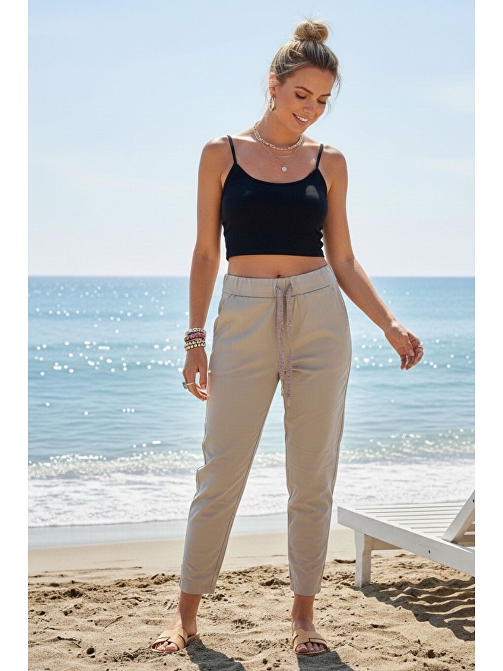 Bej Cepli Yıkamalı Lastikli Ve Bağlamalı Bel Dar Paça Casual Dokuma Pantolon 99 60-3