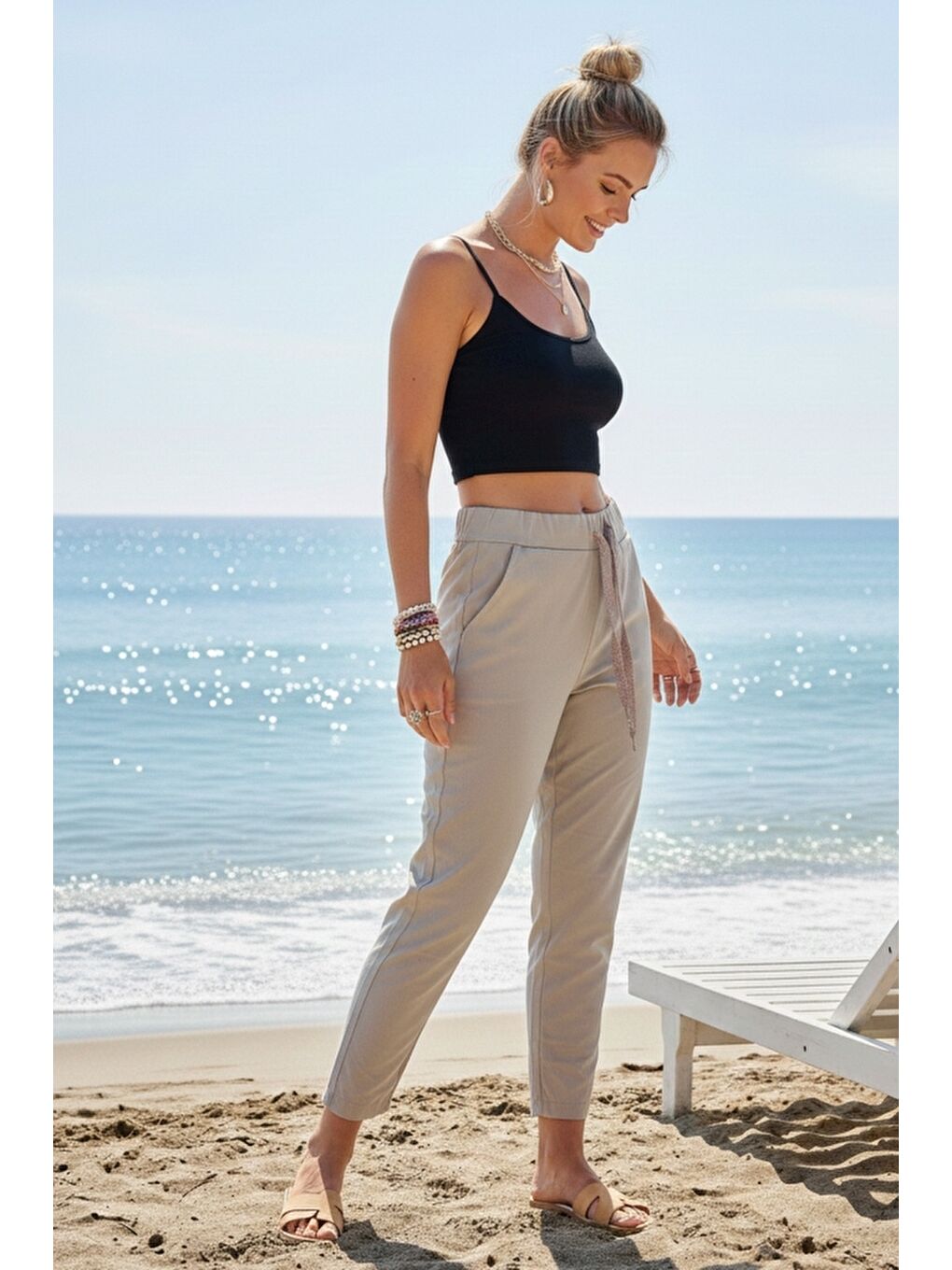 Bej Cepli Yıkamalı Lastikli Ve Bağlamalı Bel Dar Paça Casual Dokuma Pantolon 99 60-4