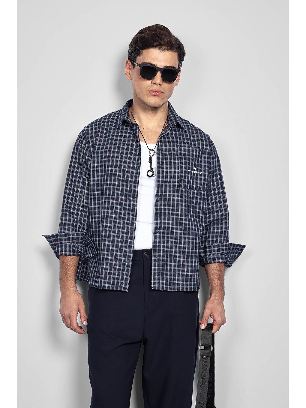 Erkek Boxy Fit Oversize Ekose Uzun Kollu Gömlek Lacivert-3