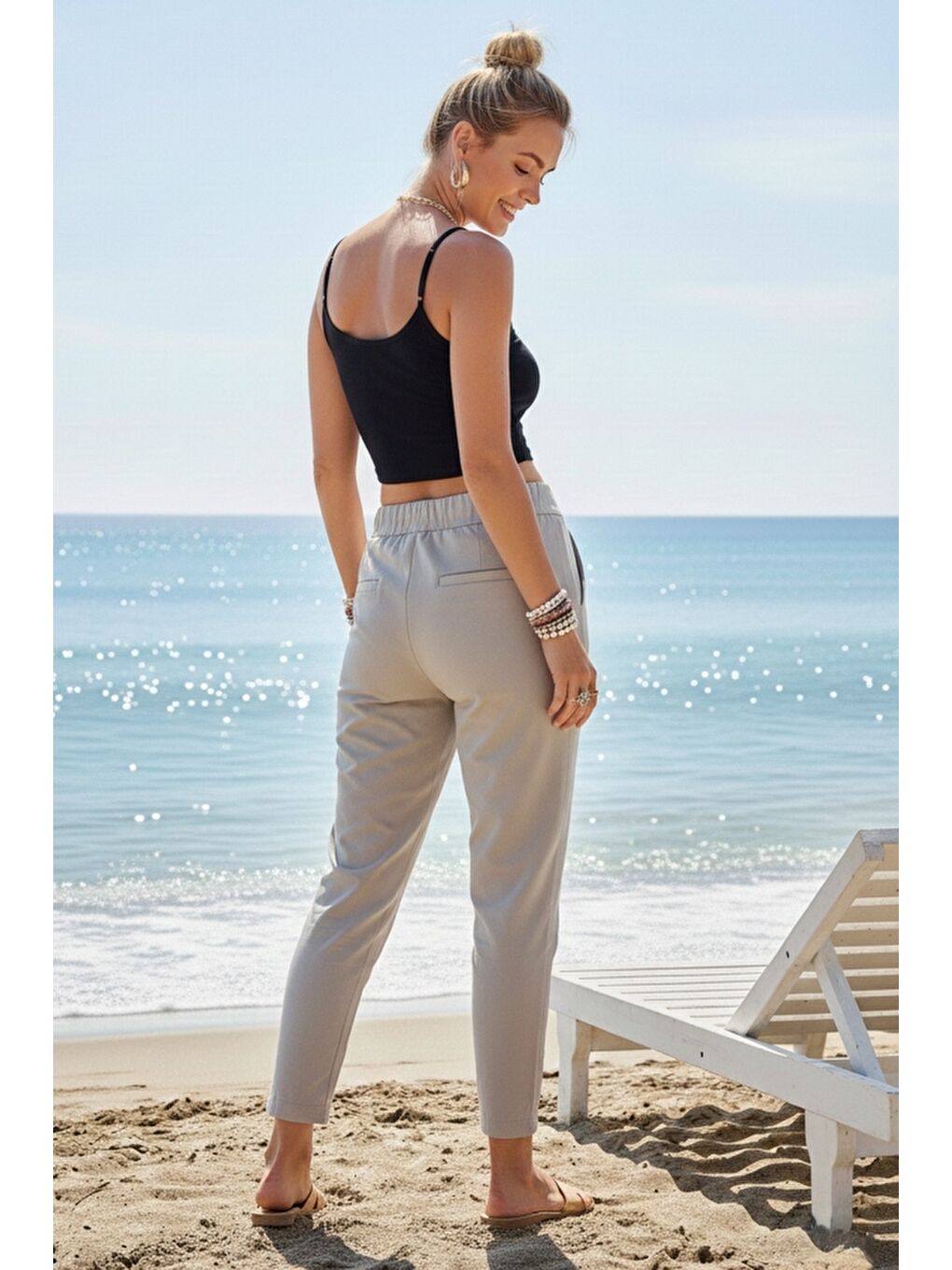 Bej Cepli Yıkamalı Lastikli Ve Bağlamalı Bel Dar Paça Casual Dokuma Pantolon 99 60-5