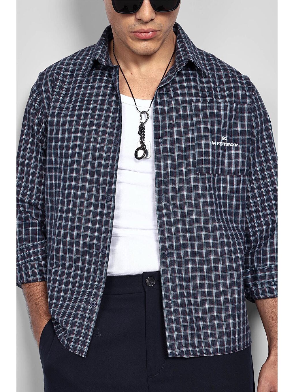 Erkek Boxy Fit Oversize Ekose Uzun Kollu Gömlek Lacivert-4