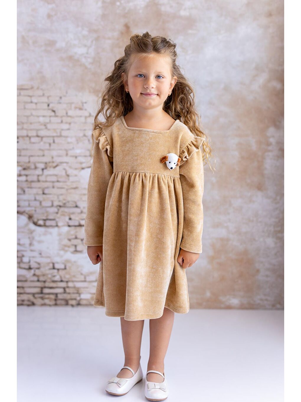 Kız Bebek Köpek Aksesuarlı Elbise - Bej-1