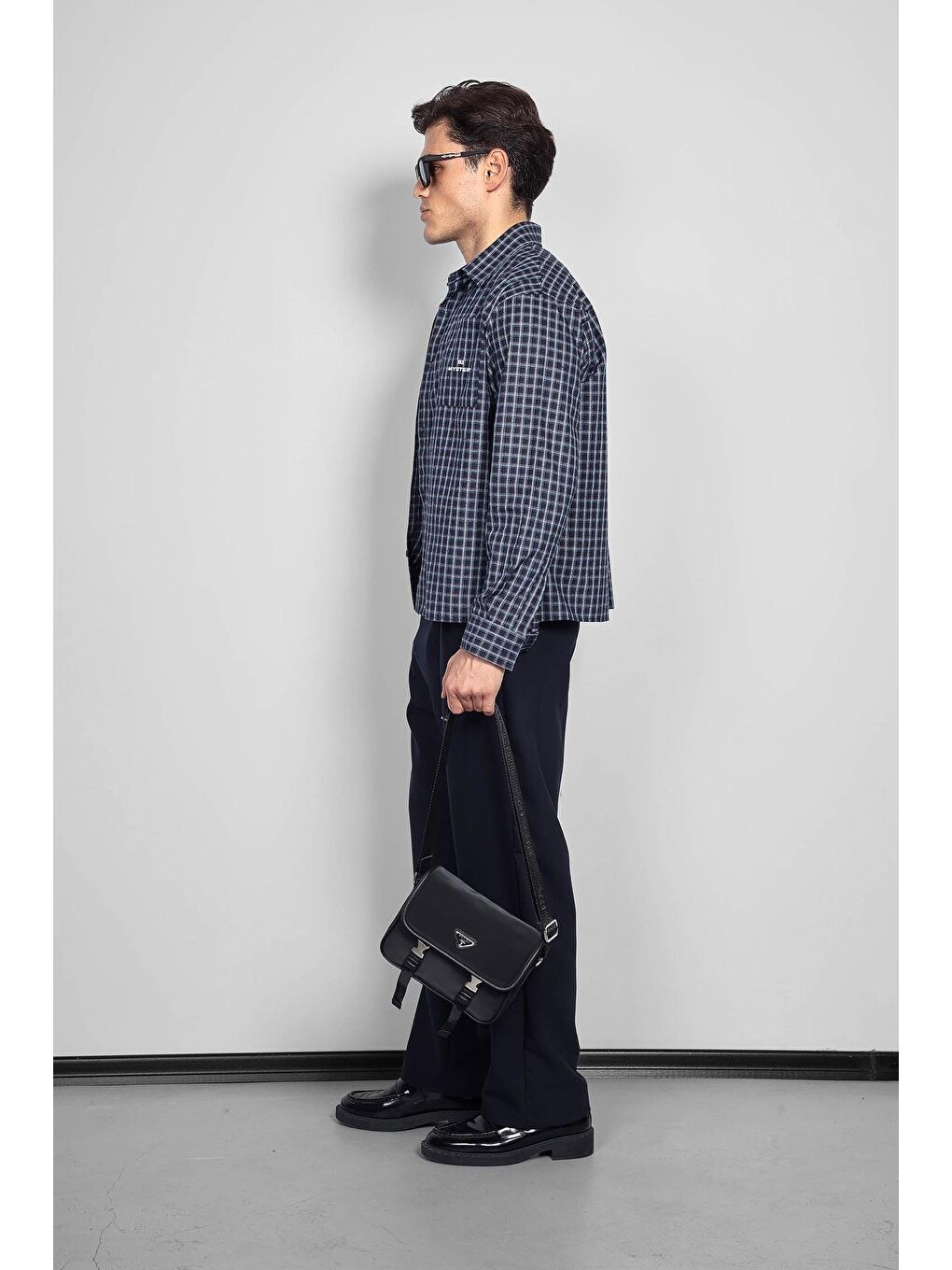 Erkek Boxy Fit Oversize Ekose Uzun Kollu Gömlek Lacivert-5