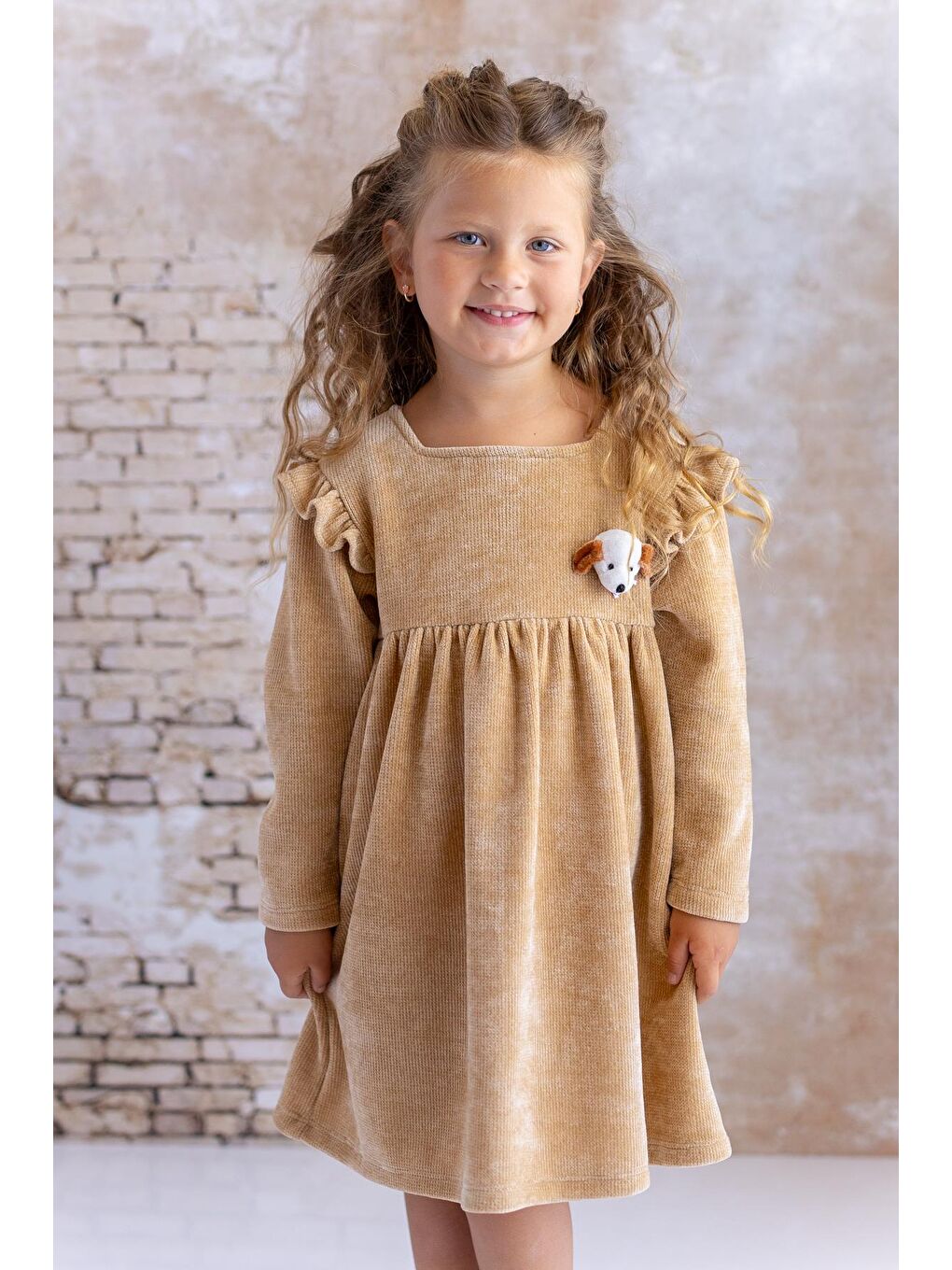 Kız Bebek Köpek Aksesuarlı Elbise - Bej-2