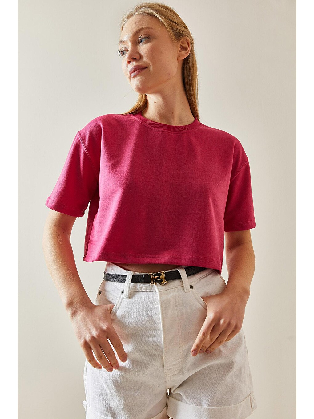 Fuşya Bisiklet Yaka Oversize Crop Tişört 4KXK1-47899-07-3
