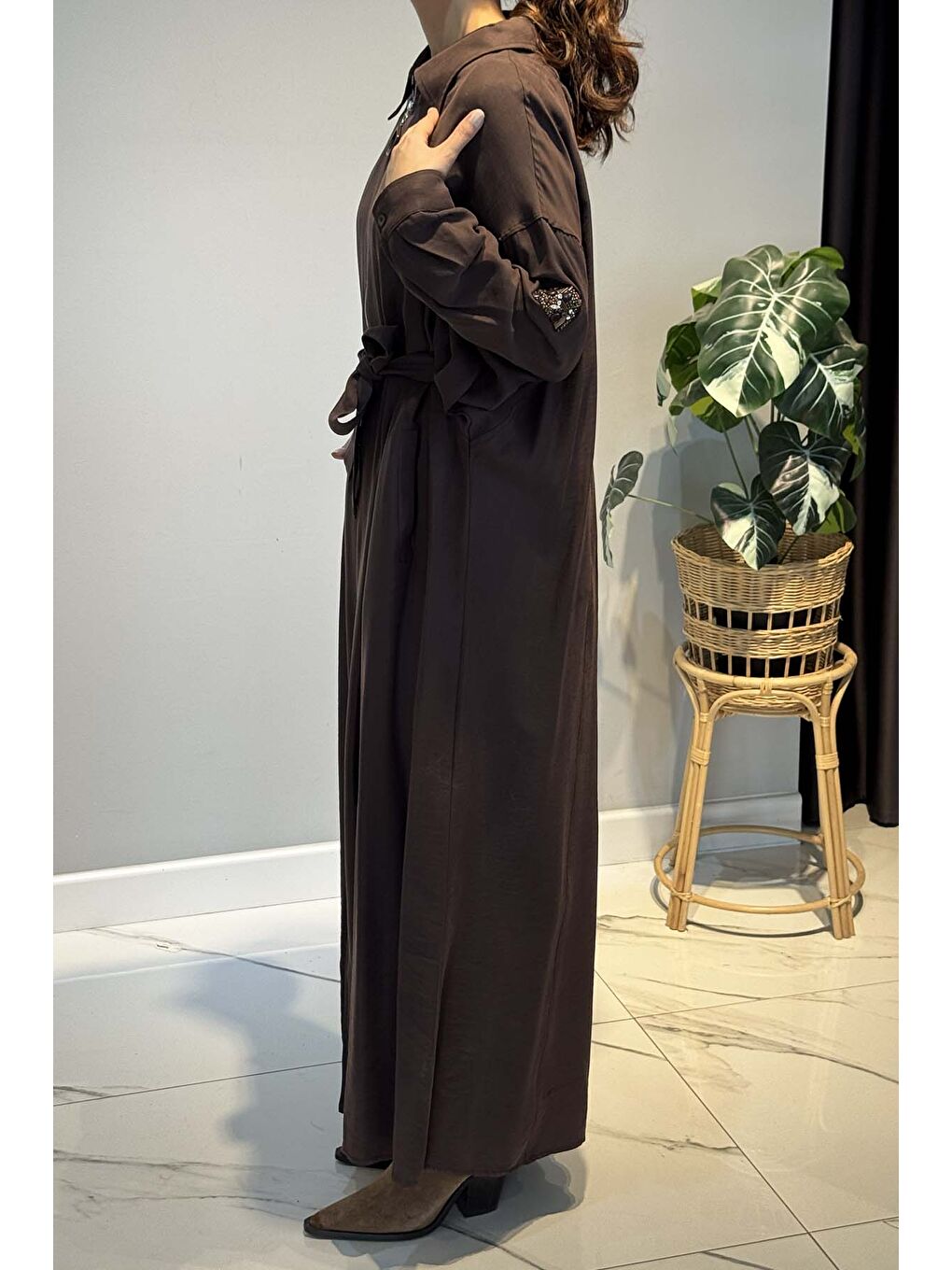 Önden Fermuarlı Tek Kolu Taş Detay İçten Kemerli Kap Ceket 6881 Kahverengi-2