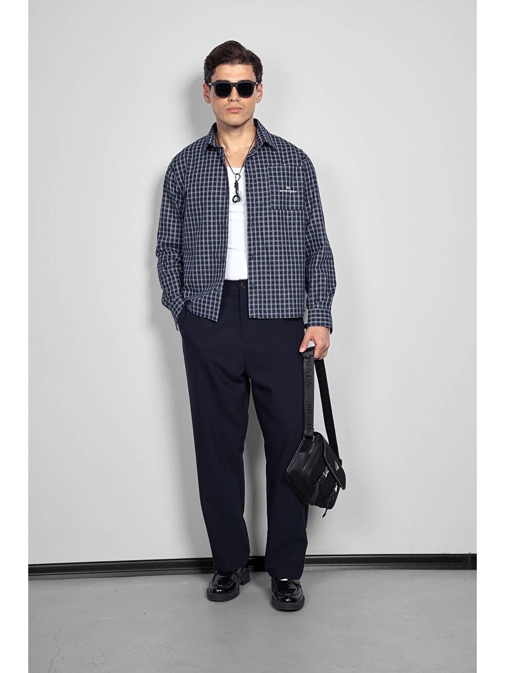 Erkek Boxy Fit Oversize Ekose Uzun Kollu Gömlek Lacivert-6