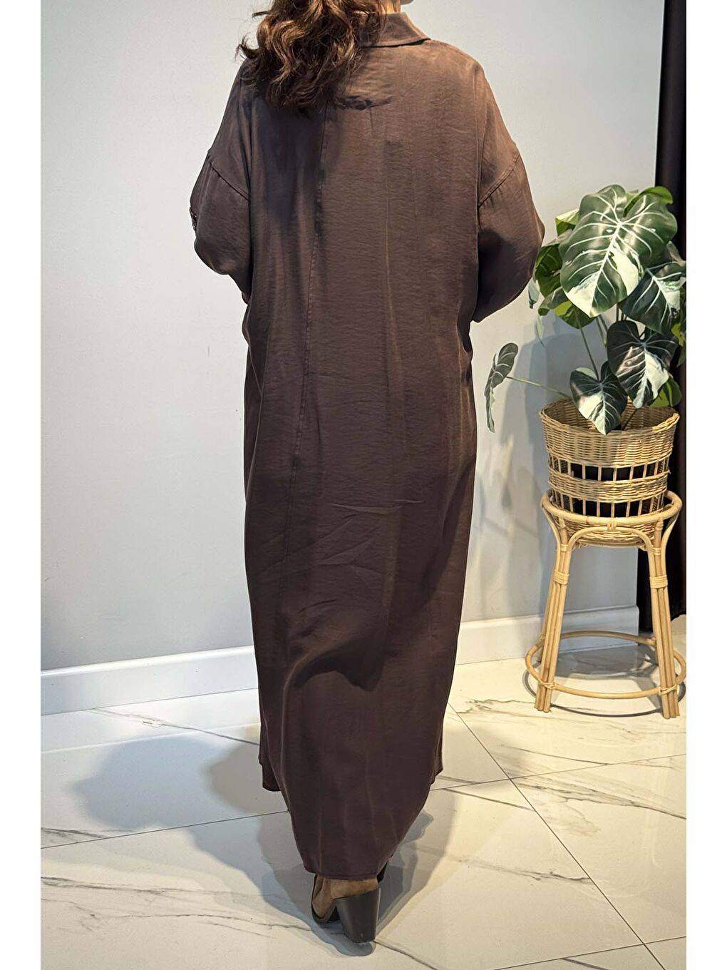 Önden Fermuarlı Tek Kolu Taş Detay İçten Kemerli Kap Ceket 6881 Kahverengi-3