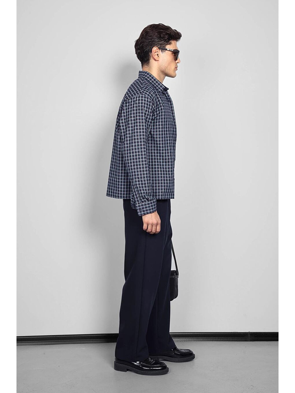 Erkek Boxy Fit Oversize Ekose Uzun Kollu Gömlek Lacivert-7