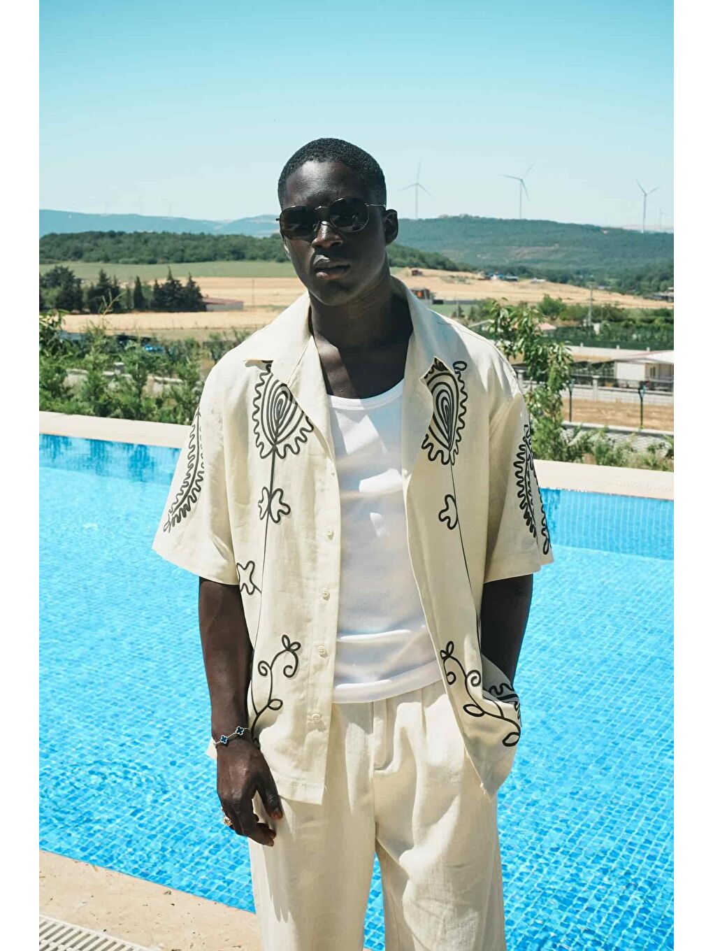 Erkek Keten Karışımlı Desenli Kısa Kollu Oversize Gömlek Bej-1