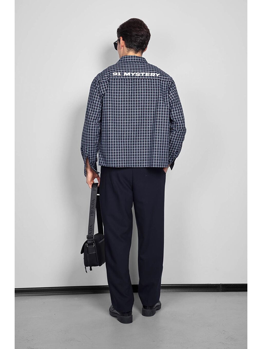 Erkek Boxy Fit Oversize Ekose Uzun Kollu Gömlek Lacivert-8