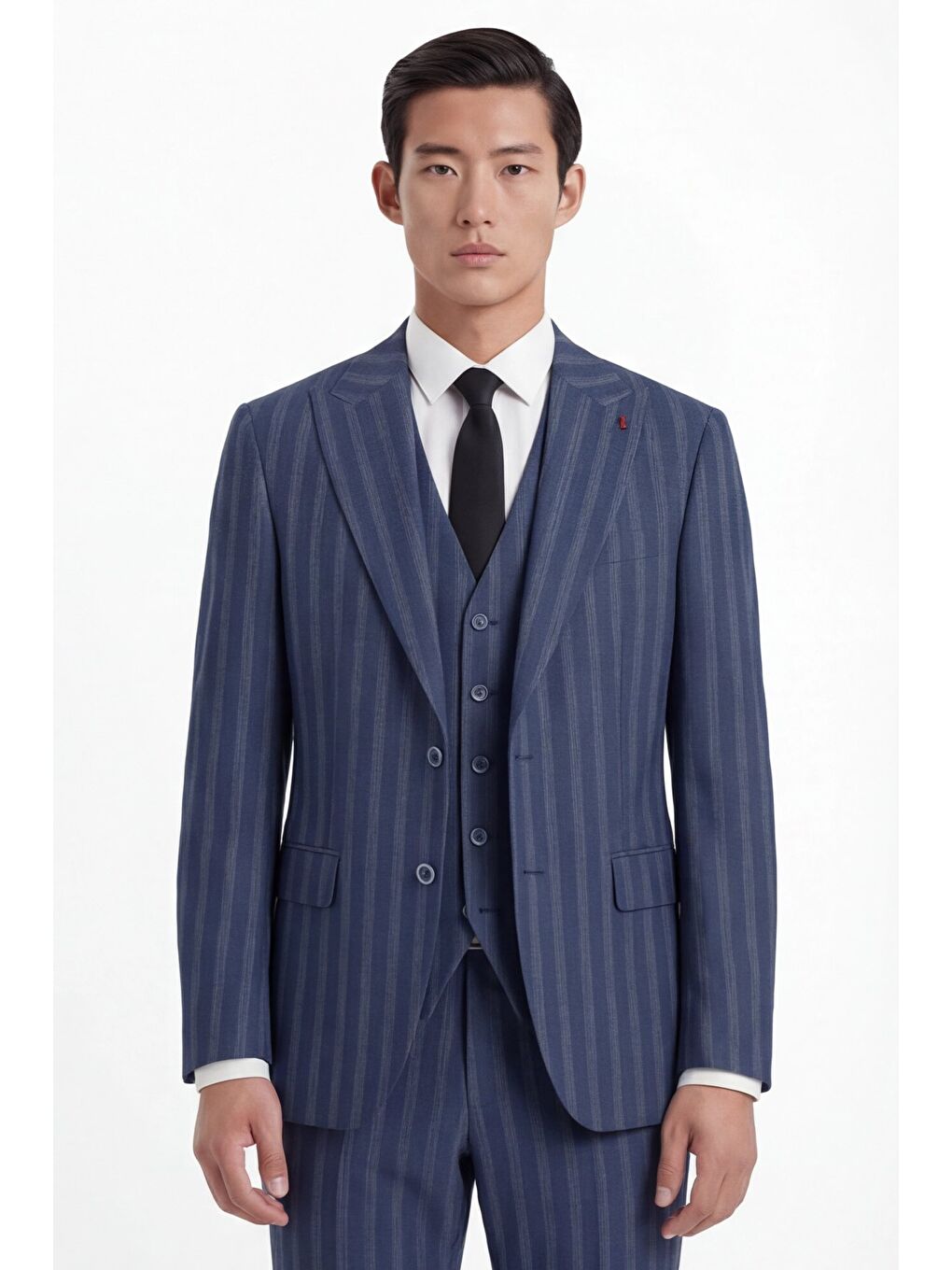 Erkek Viskon Karışımlı 8 Drop Klasik Lacivert Yelekli Takım Elbise