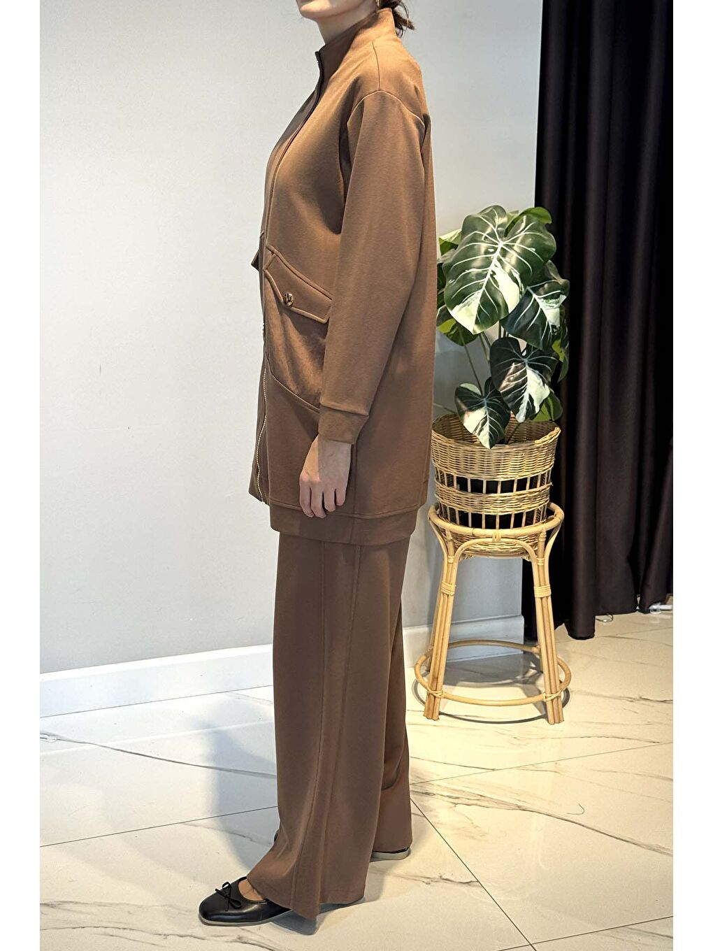 Kahverengi Önden Fermuarlı Yarım Patlı Çelik Takım 6921 Camel-1