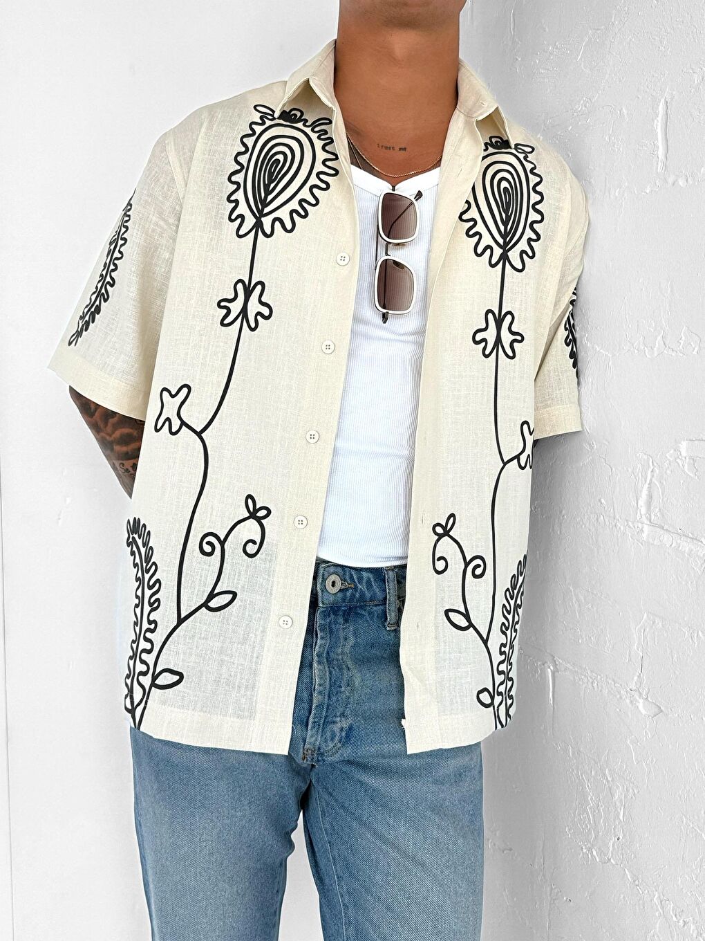 Erkek Keten Karışımlı Desenli Kısa Kollu Oversize Gömlek Bej-2