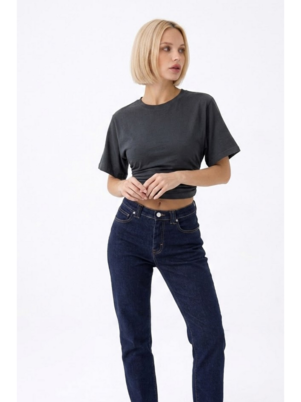 Gri Kadın Fashion Slim Fit Füme Crop Tişört-1