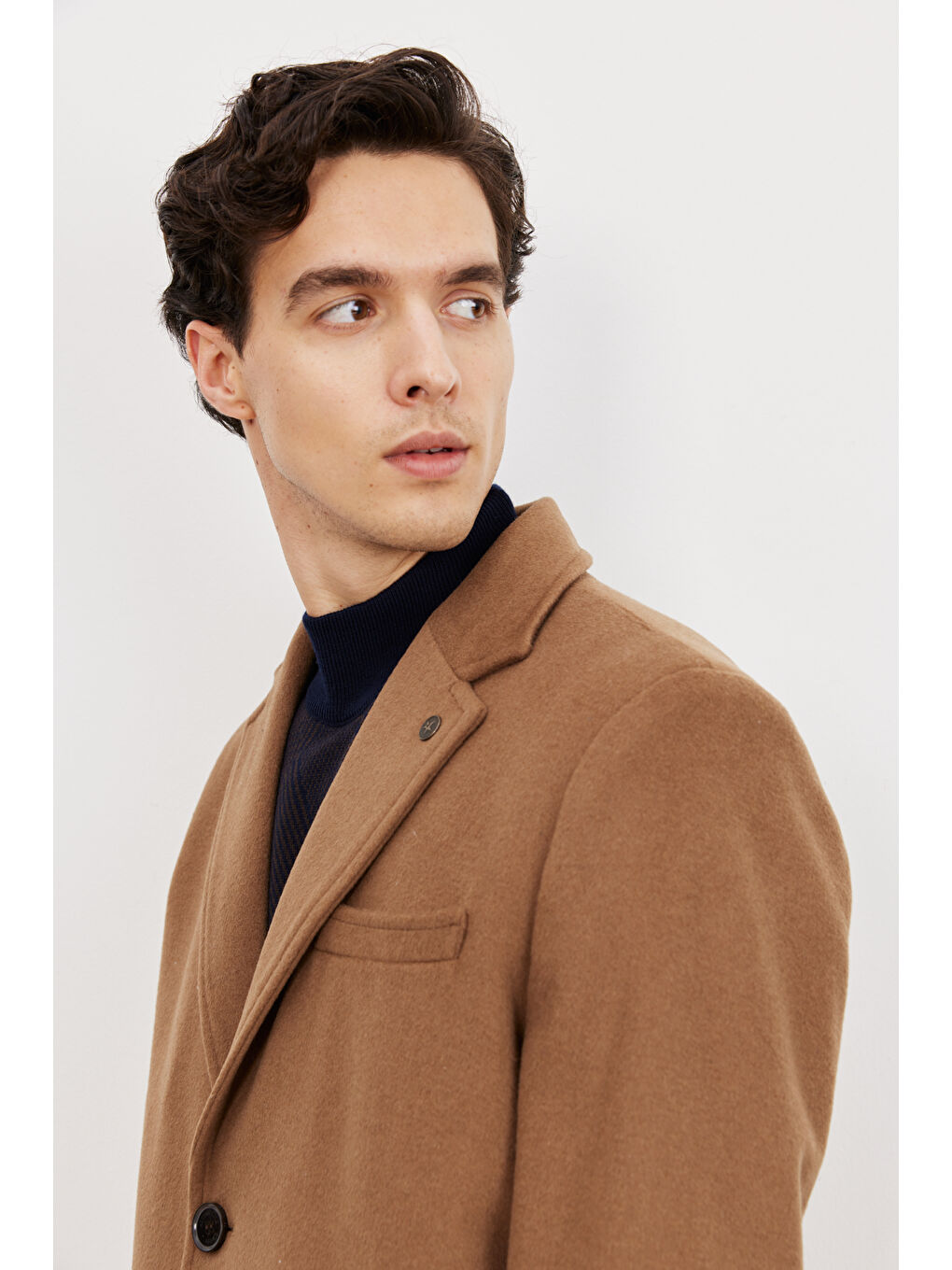 Kahverengi Erkek Camel Standart Fit Normal Kesim Mono Yaka Yünlü Palto-1