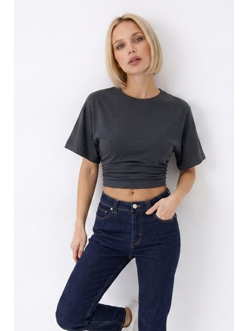 Gri Kadın Fashion Slim Fit Füme Crop Tişört-2