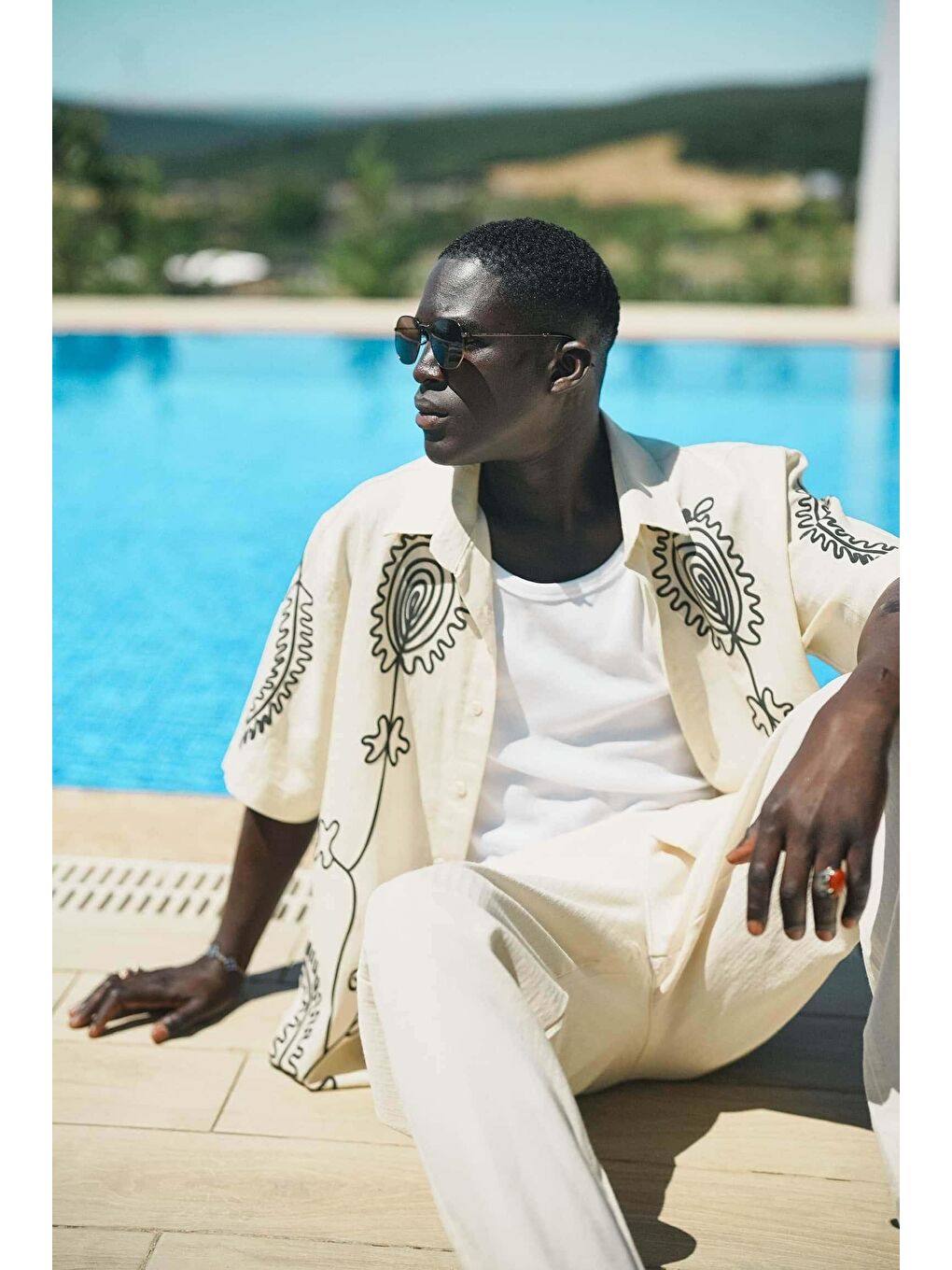 Erkek Keten Karışımlı Desenli Kısa Kollu Oversize Gömlek Bej-3