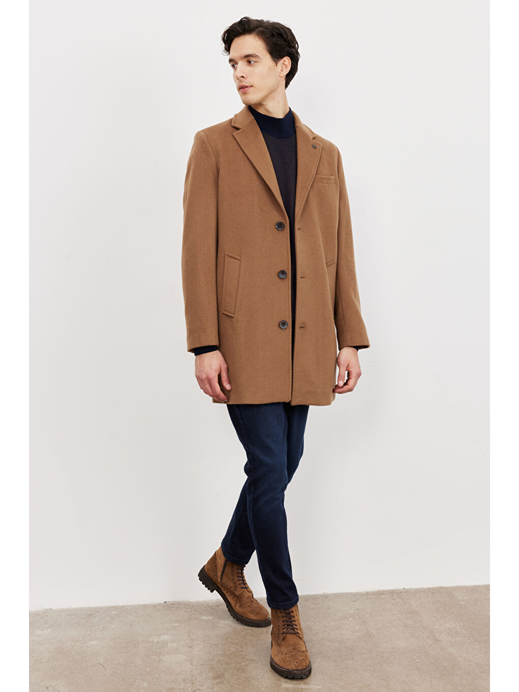 Kahverengi Erkek Camel Standart Fit Normal Kesim Mono Yaka Yünlü Palto-2