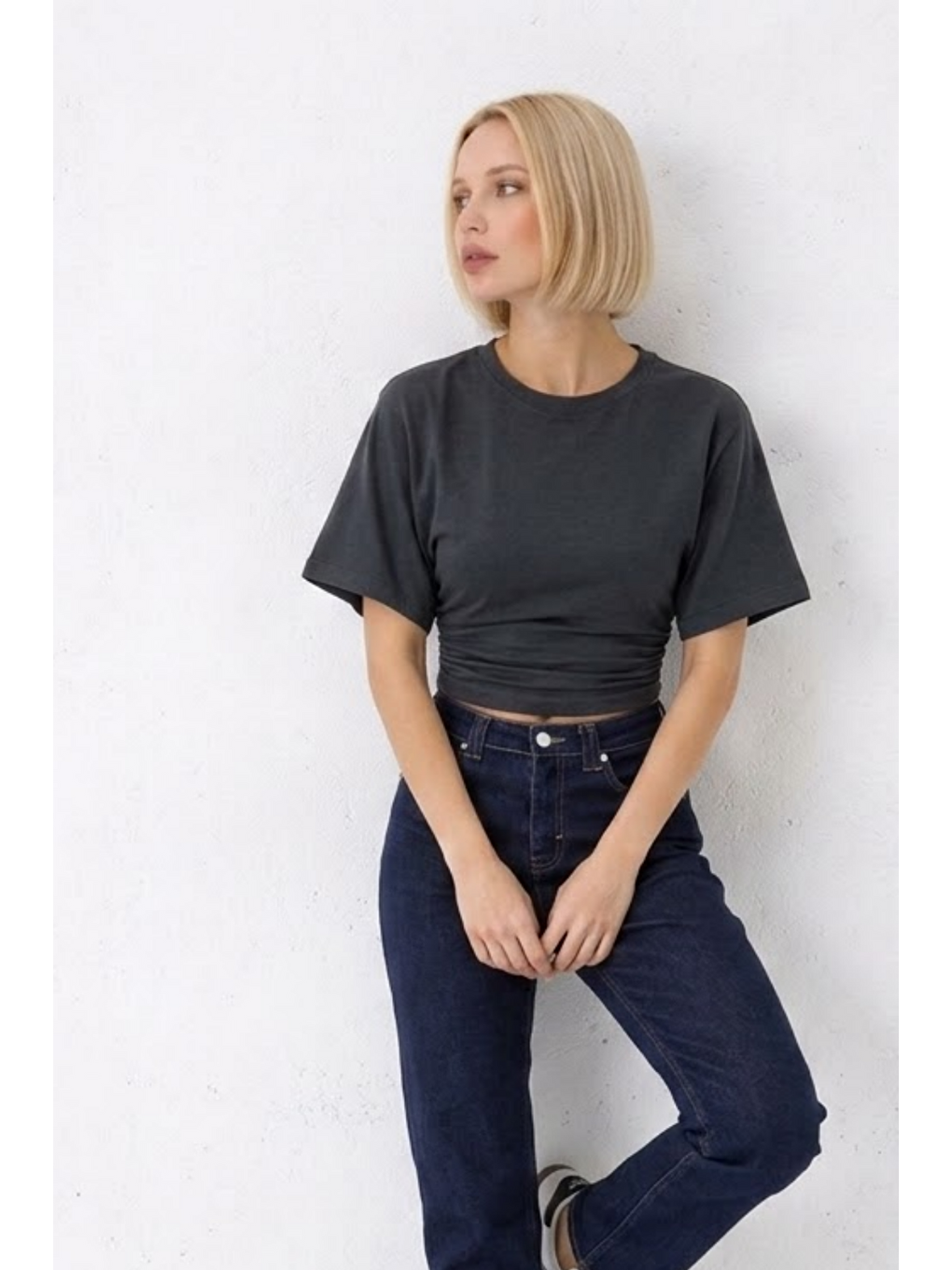 Gri Kadın Fashion Slim Fit Füme Crop Tişört-3