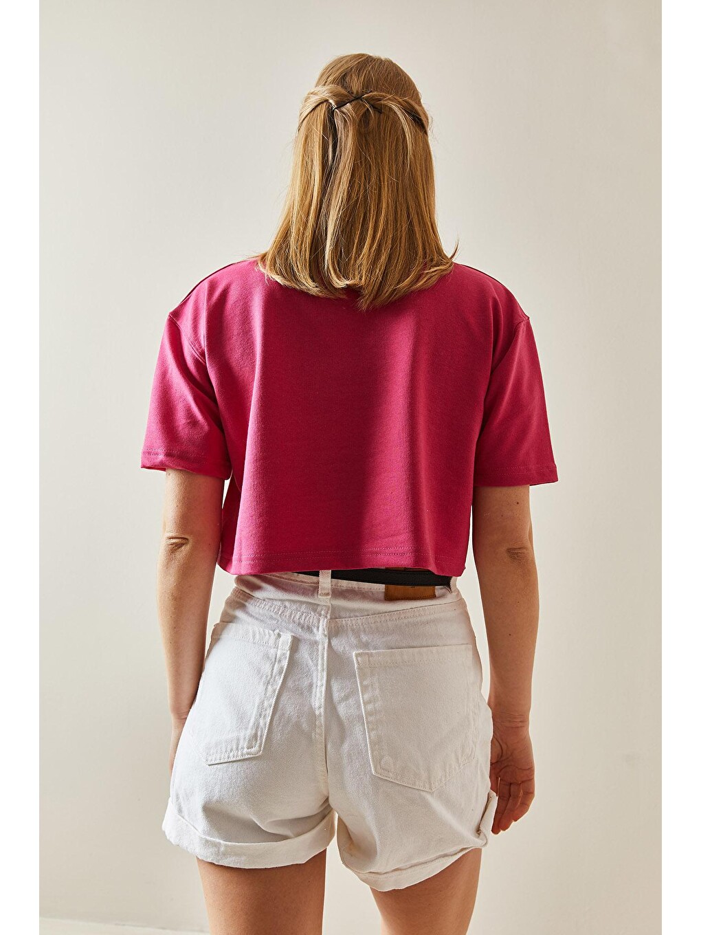 Fuşya Bisiklet Yaka Oversize Crop Tişört 4KXK1-47899-07-4