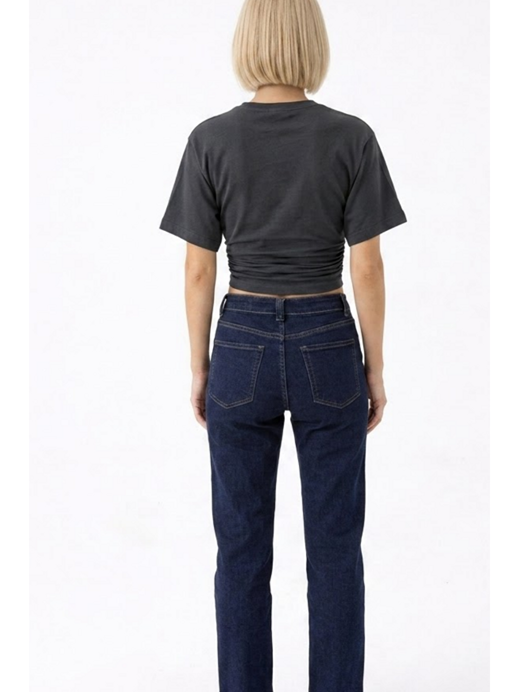 Gri Kadın Fashion Slim Fit Füme Crop Tişört-4