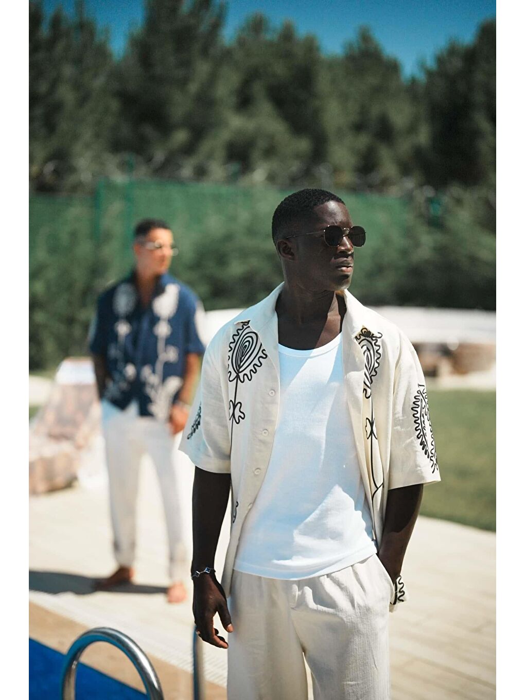 Erkek Keten Karışımlı Desenli Kısa Kollu Oversize Gömlek Bej-4