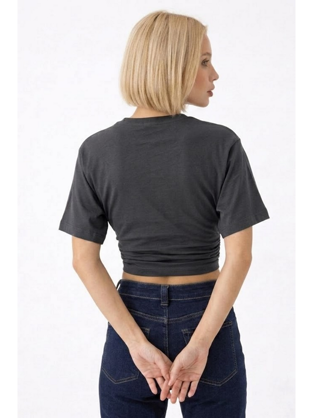 Gri Kadın Fashion Slim Fit Füme Crop Tişört-5